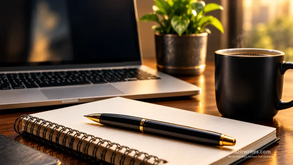 Professional content writing and SEO workspace with laptop, notebook, and pen
