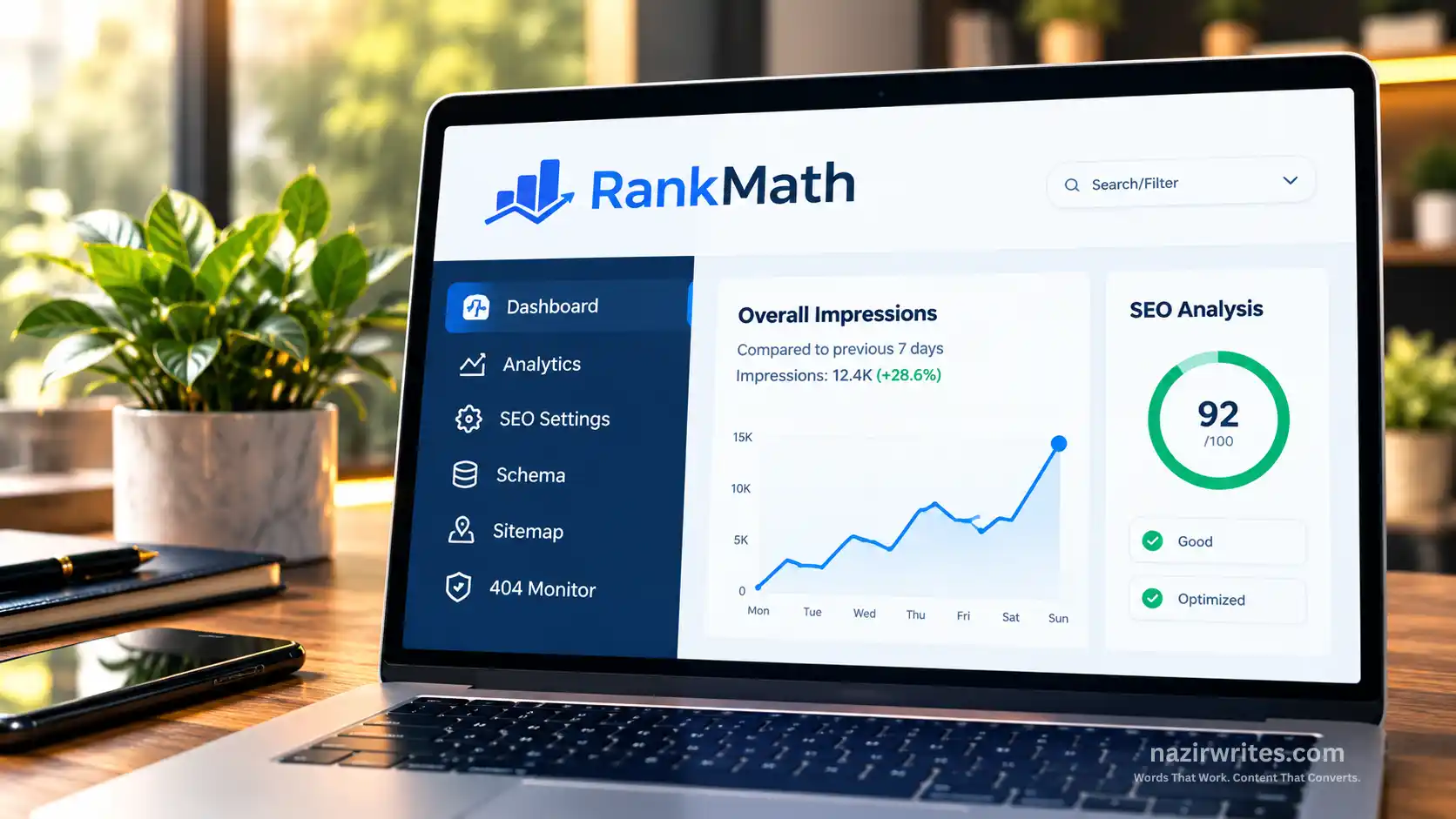 Rank Math SEO dashboard on laptop showing website SEO analysis and optimization