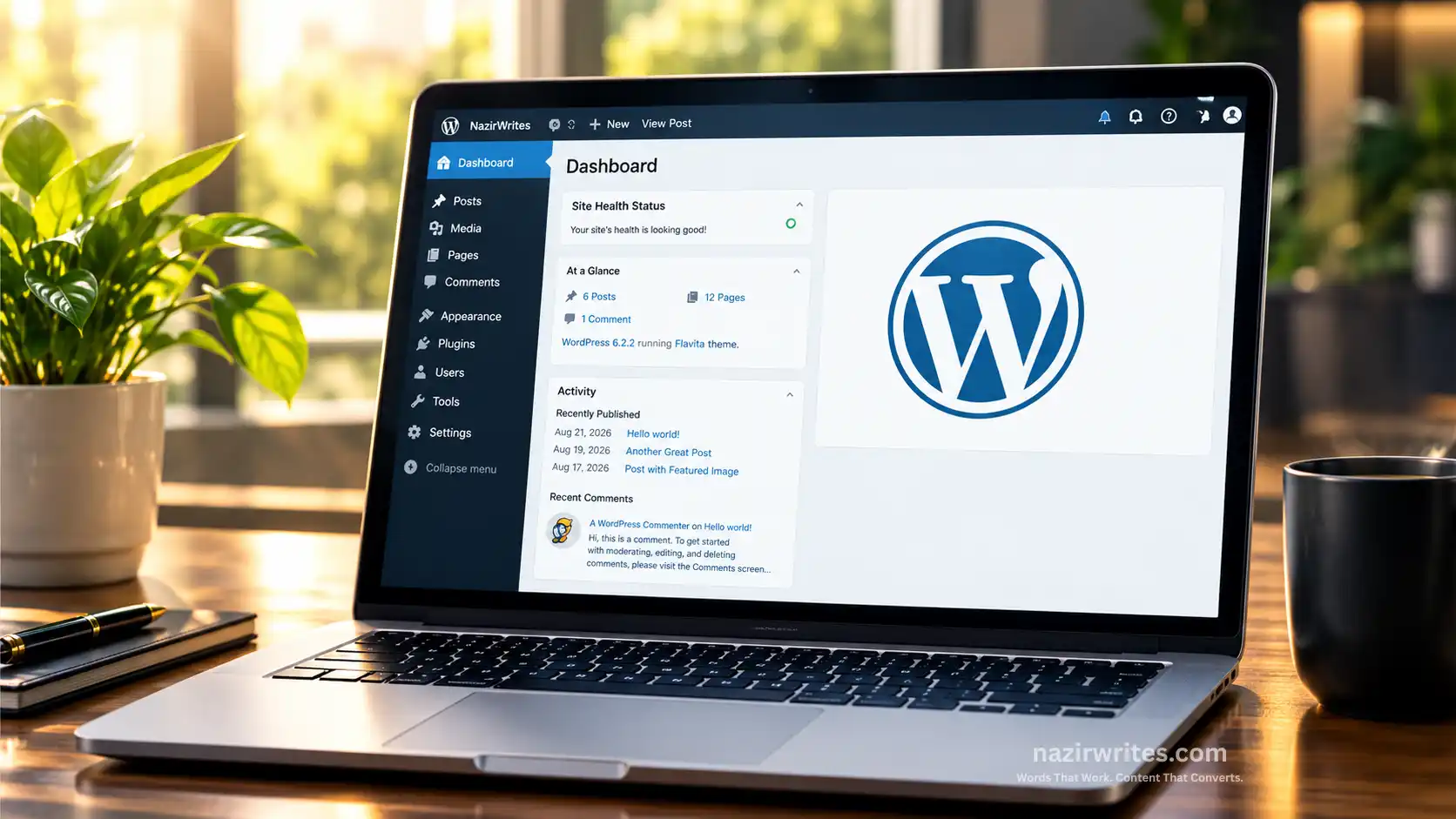 WordPress website dashboard on a laptop representing professional WordPress content services