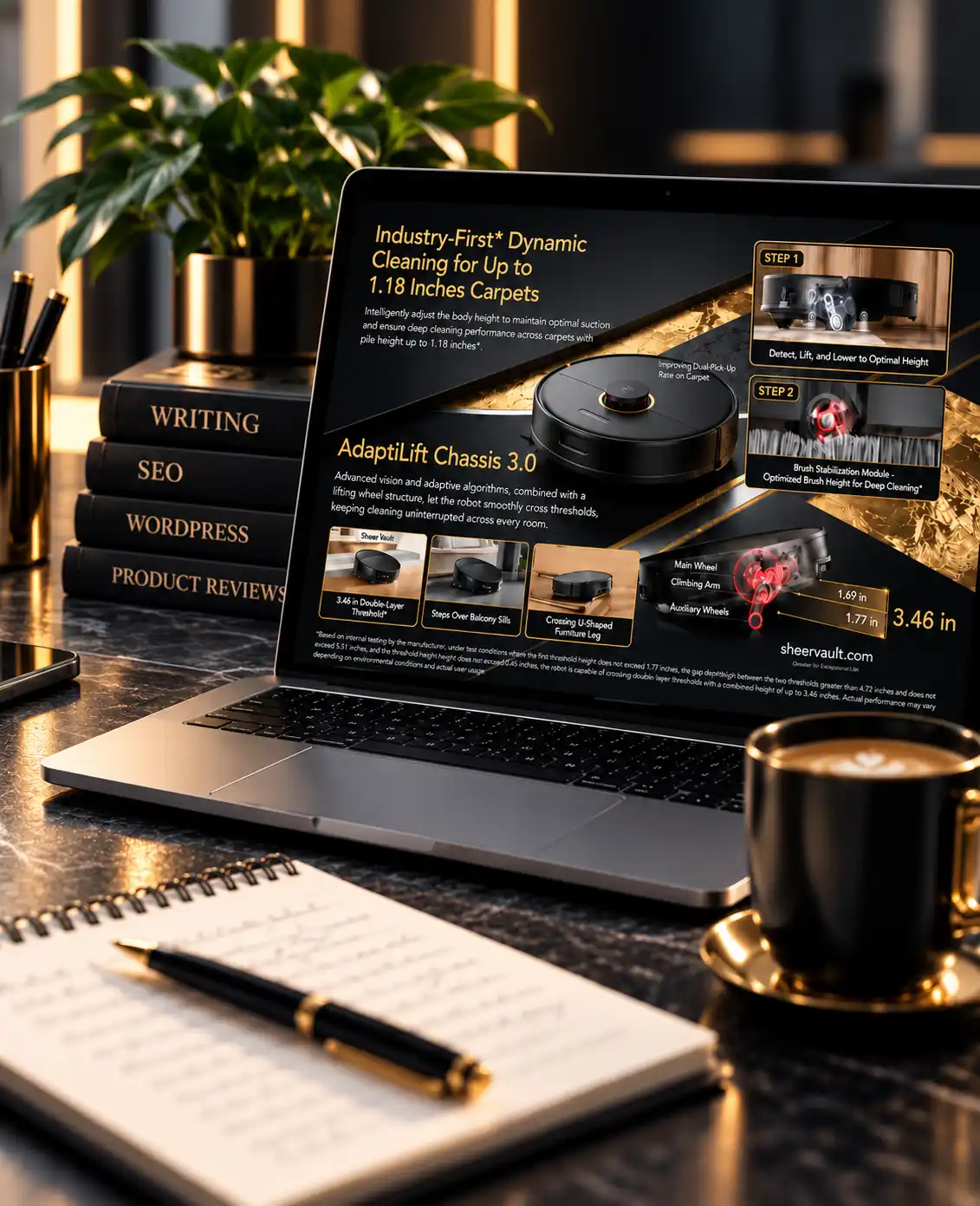 Laptop displaying a Roborock Saros 20 product review on Sheer Vault, with writing, SEO, and WordPress books on a desk.