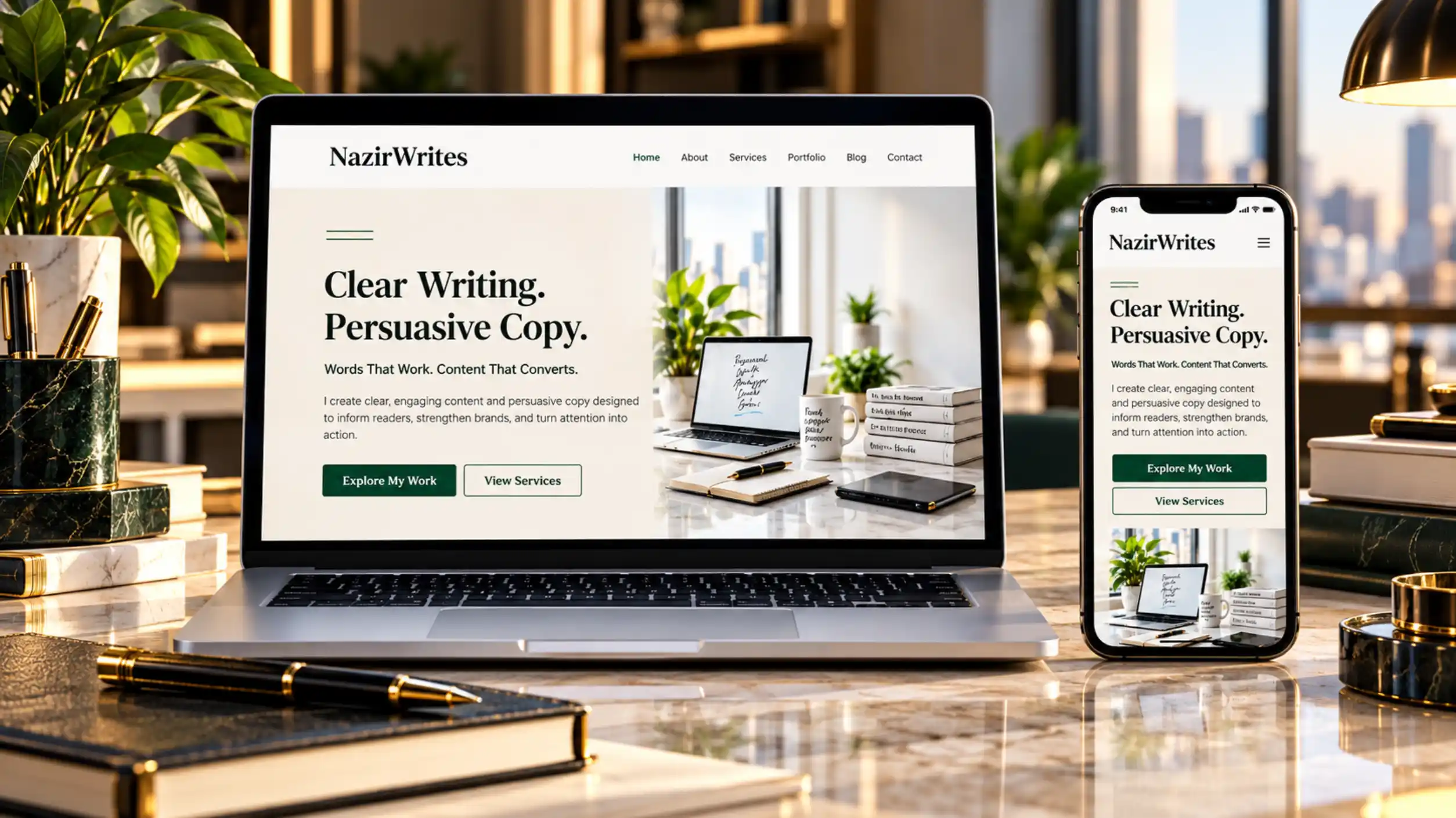 NazirWrites content writing portfolio website displayed on a laptop and smartphone
