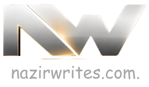 Nazir Writes logo featuring a metallic NW monogram and nazirwrites.com